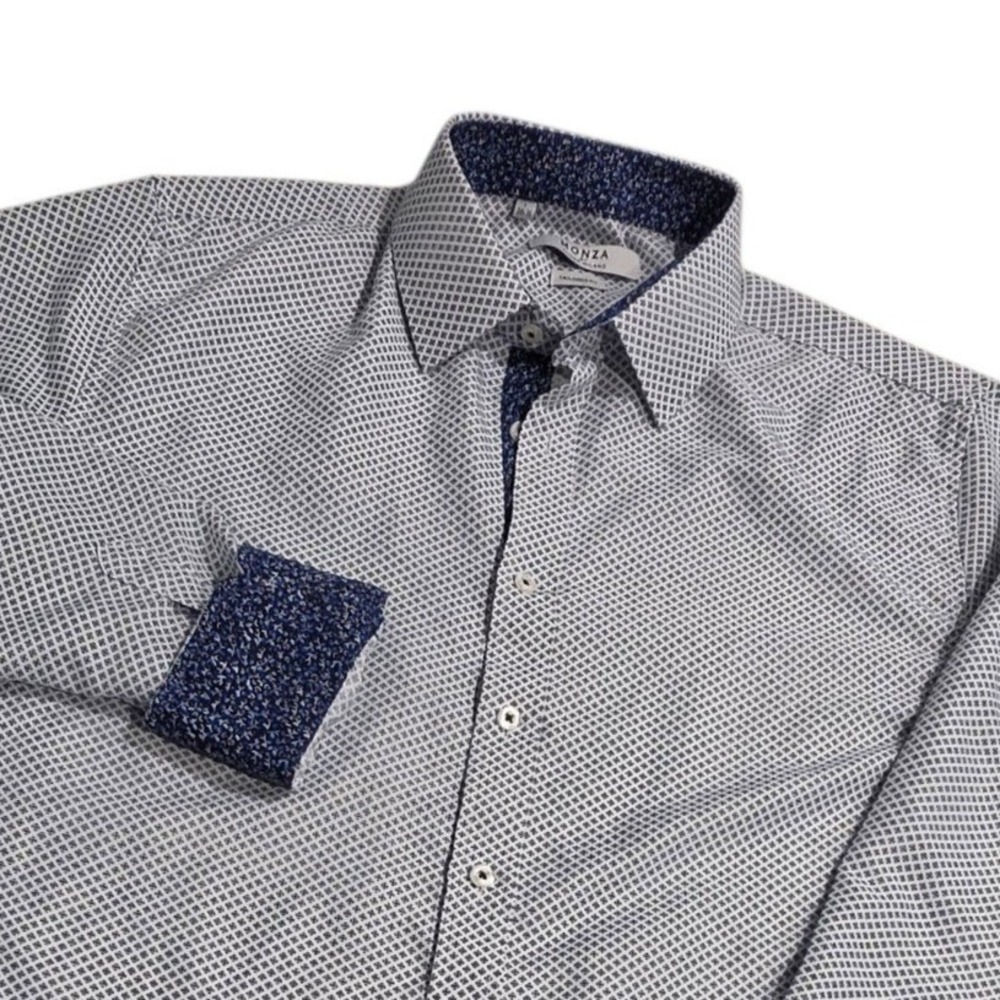 Monza Mens Button Down Shirt White Navy Geometric Floral Trim Tailored‎ Large L